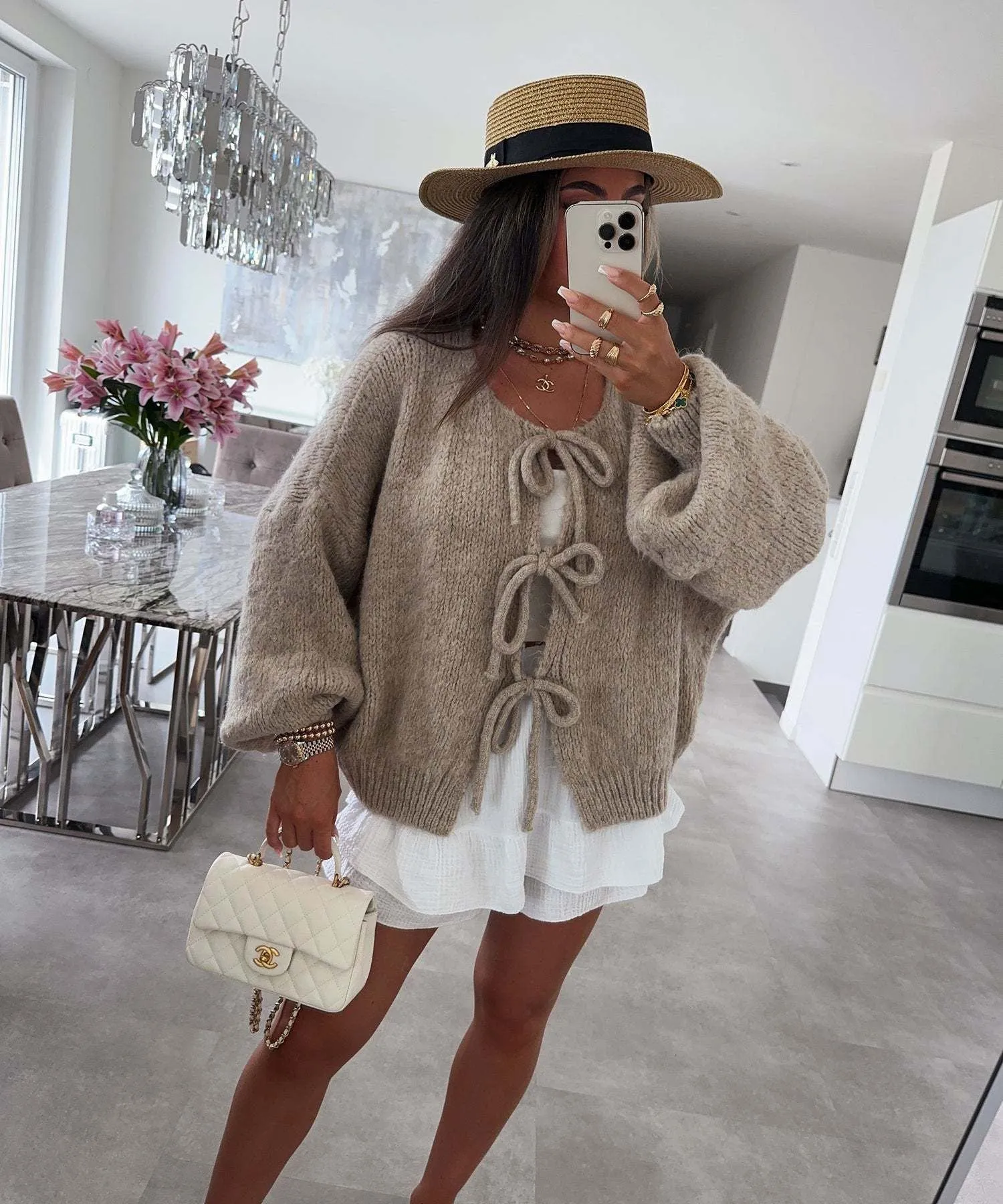 Flutter Sleer Knot Tie Front Up Cardigan Sweater