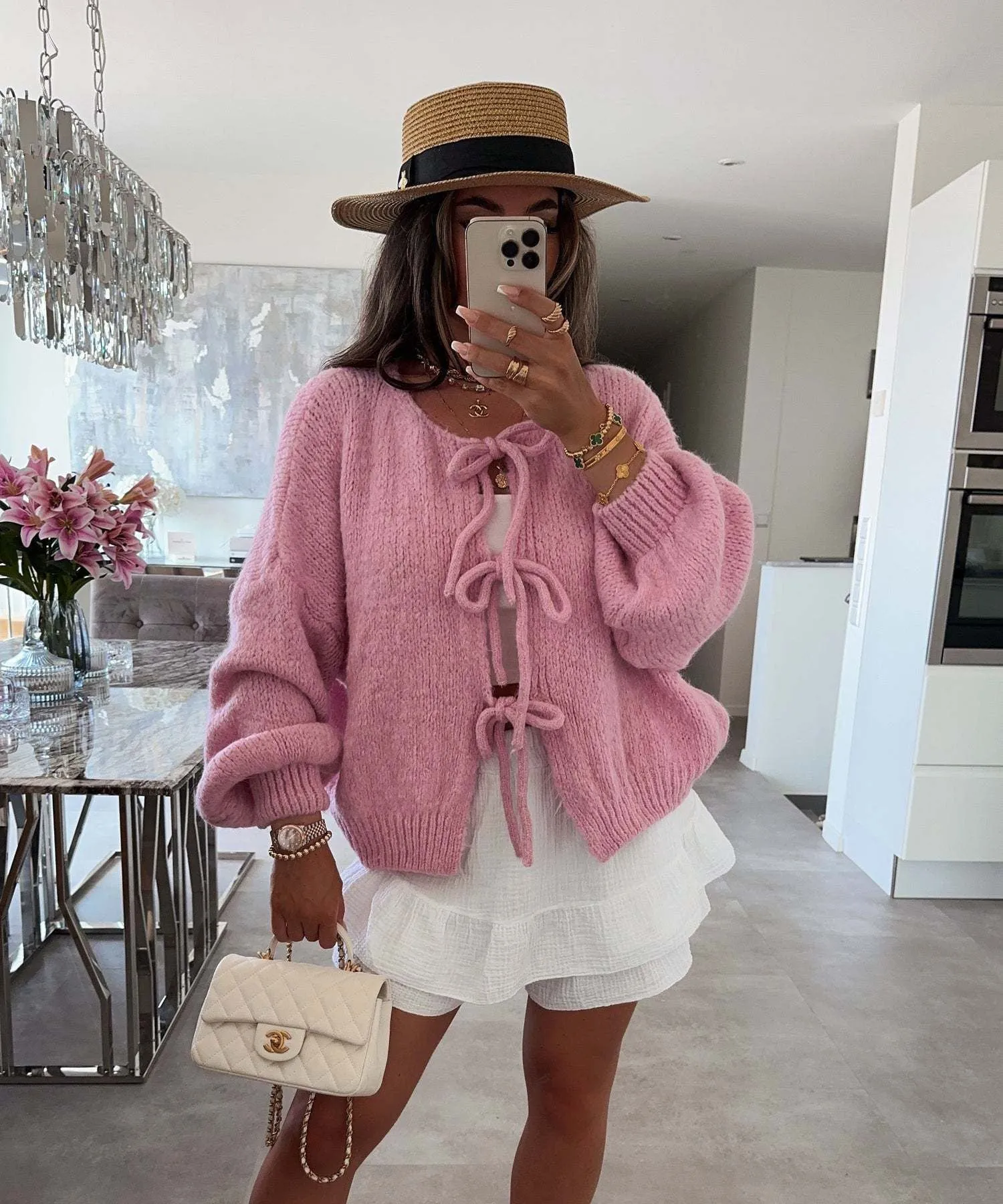 Flutter Sleer Knot Tie Front Up Cardigan Sweater
