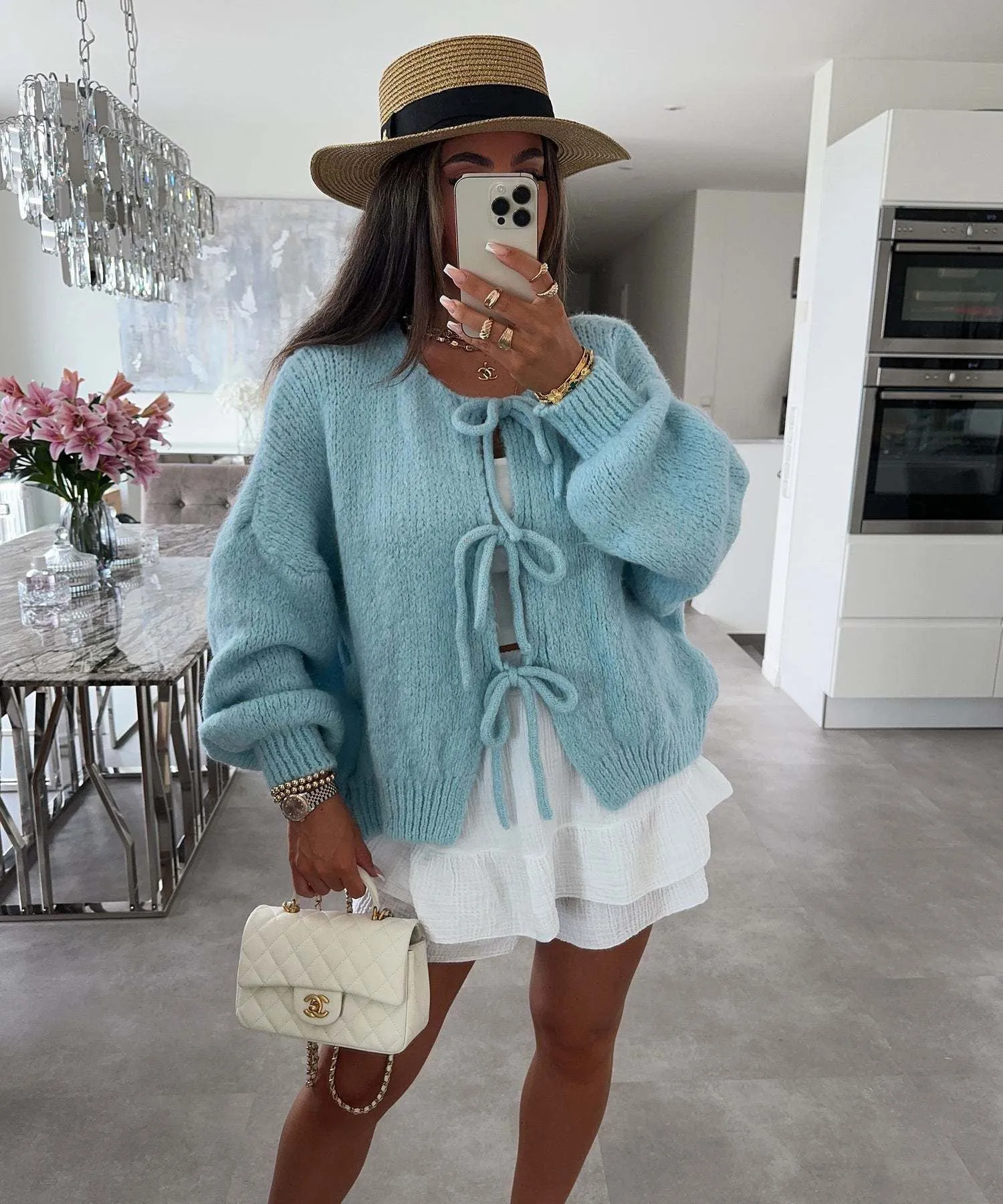 Flutter Sleer Knot Tie Front Up Cardigan Sweater