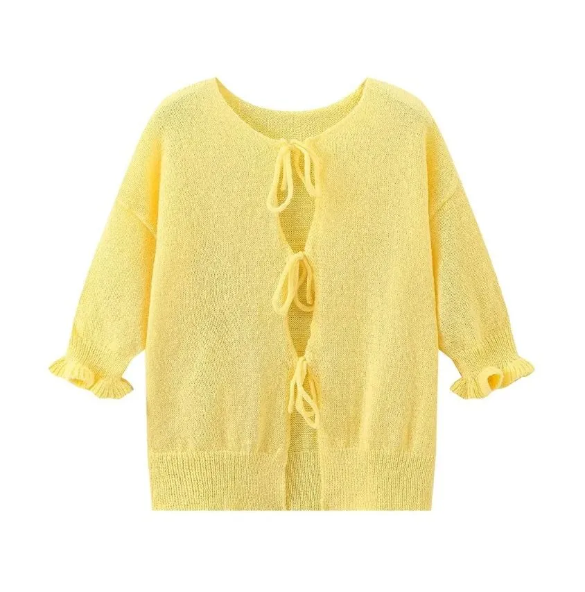 Flutter Sleer Knot Tie Front Up Cardigan Sweater