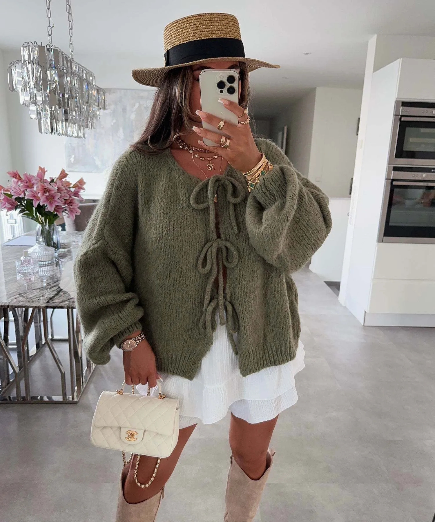 Flutter Sleer Knot Tie Front Up Cardigan Sweater