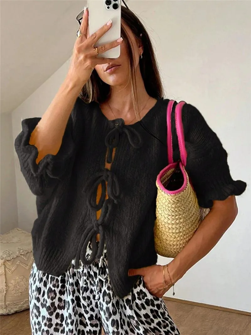Flutter Sleer Knot Tie Front Up Cardigan Sweater