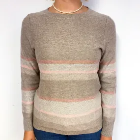 Fudge Brown Blush Stripe Cashmere Crew Neck Jumper Small