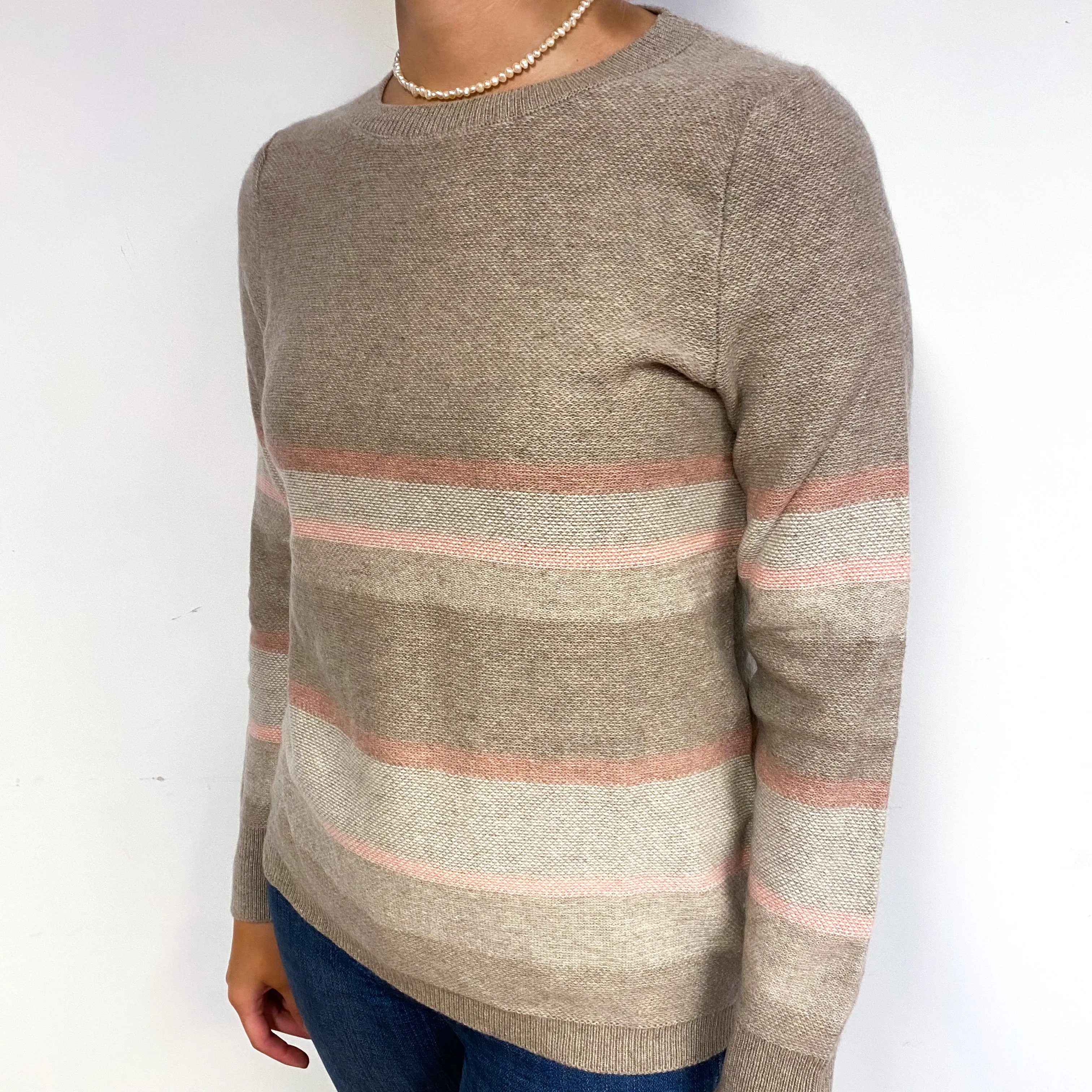 Fudge Brown Blush Stripe Cashmere Crew Neck Jumper Small