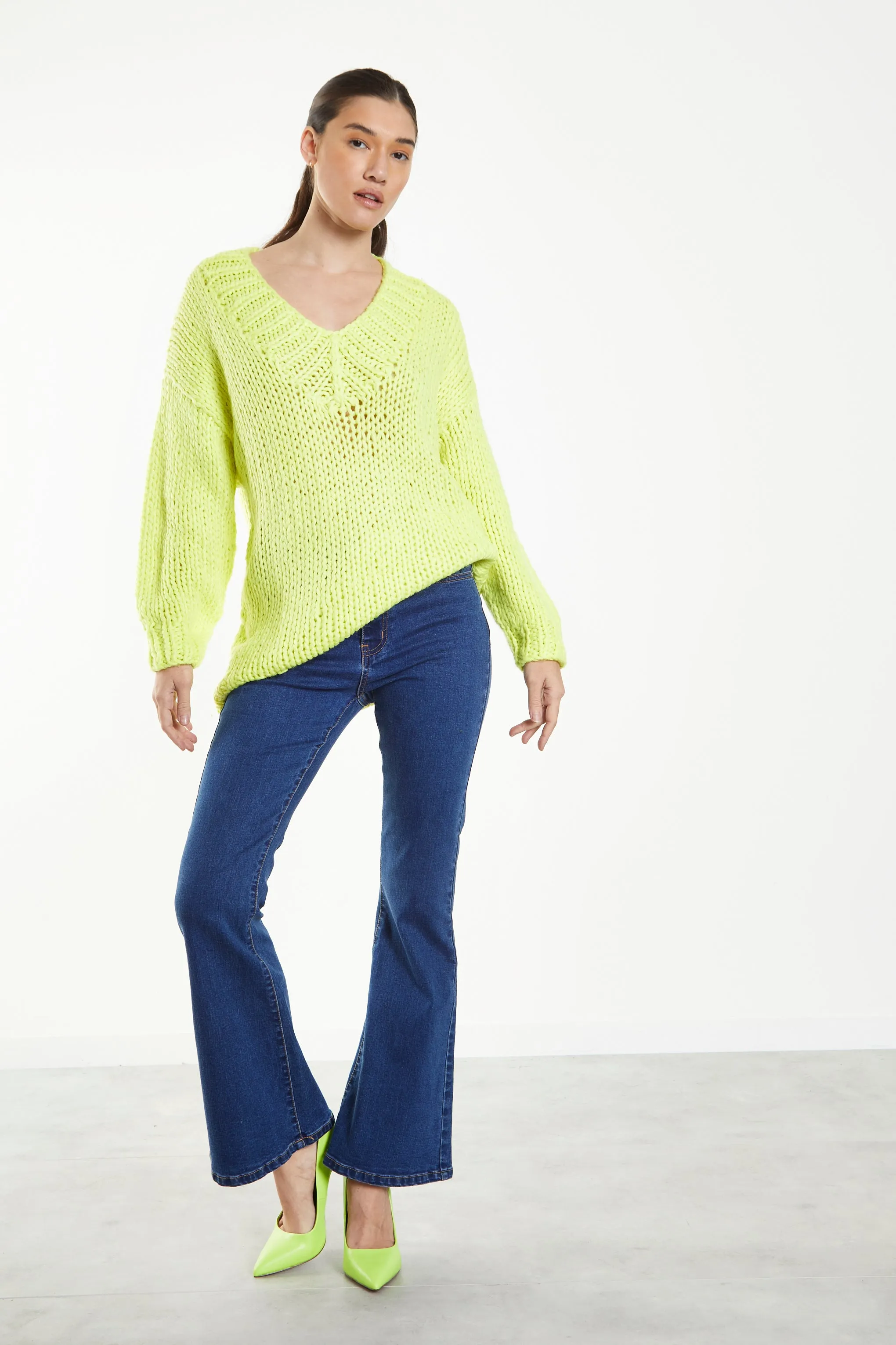 Glamorous Neon Lime Oversized V-Neck Jumper