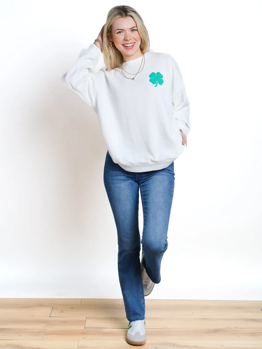 Good Luck Clover Graphic Long Sleeve Knit Top