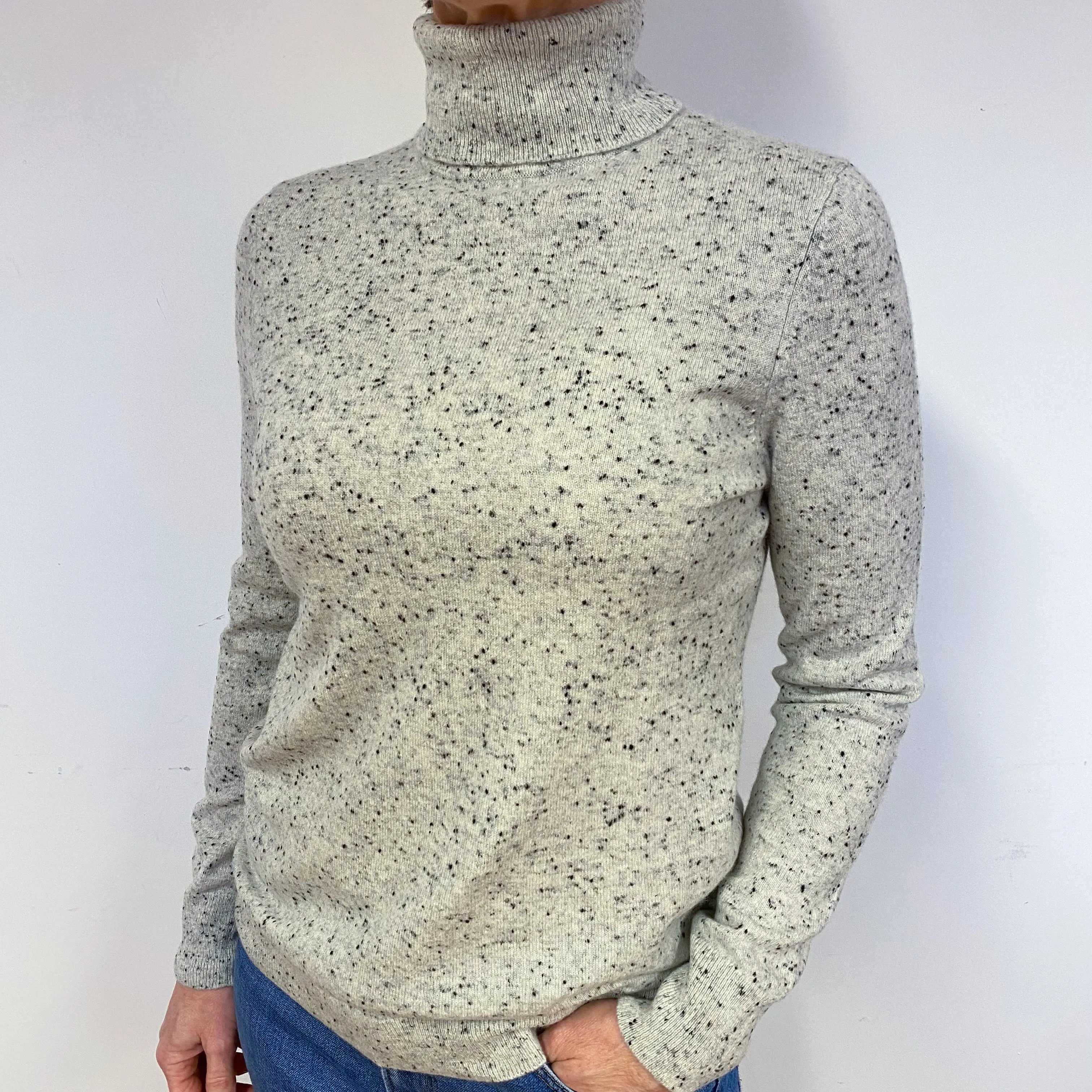 Grey Flecked Cashmere Polo Neck Jumper Medium