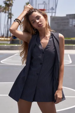 Grey Stripe Button Down Sleeveless Elegant Romper