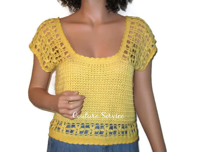 Handmade Crocheted Bamboo Yellow Lace Tank Top