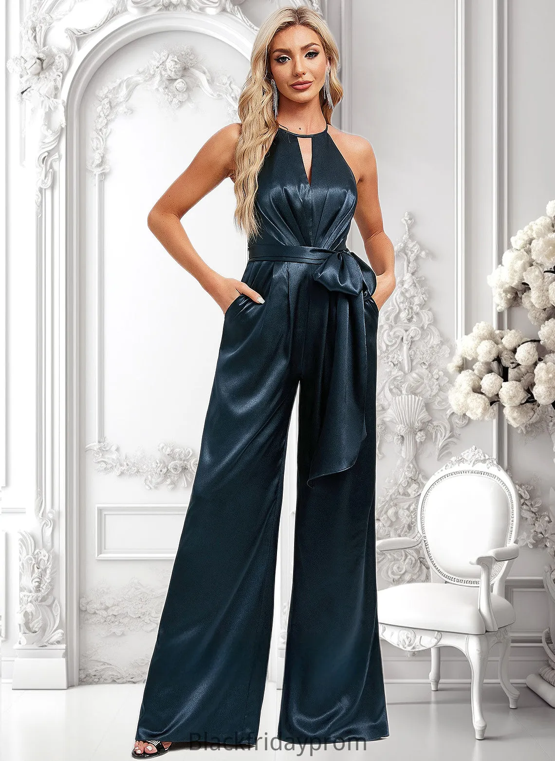 Harriet Jumpsuit/Pantsuit Halter Floor-Length Stretch Satin Bridesmaid Dress BF2P0025805