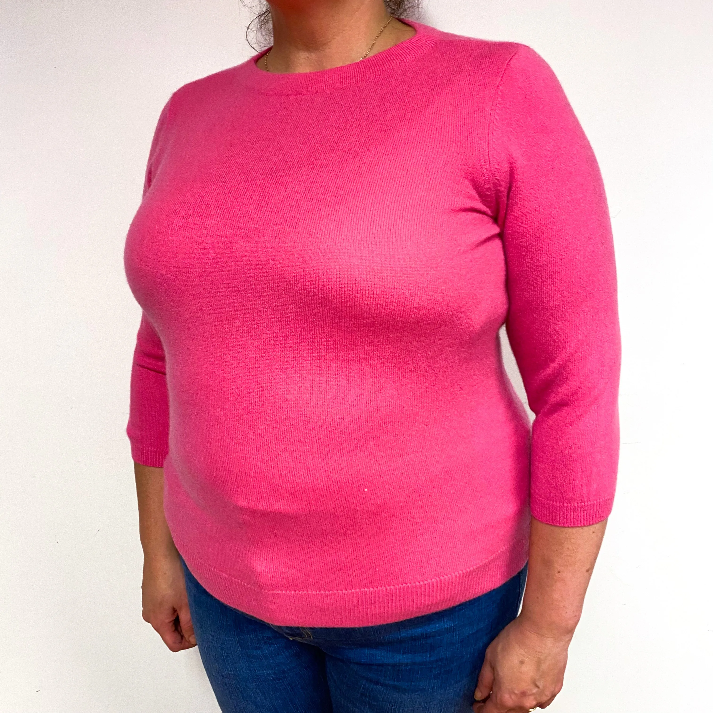 Hot Pink 3/4 Sleeve Cashmere Crew Neck Jumper Extra Large