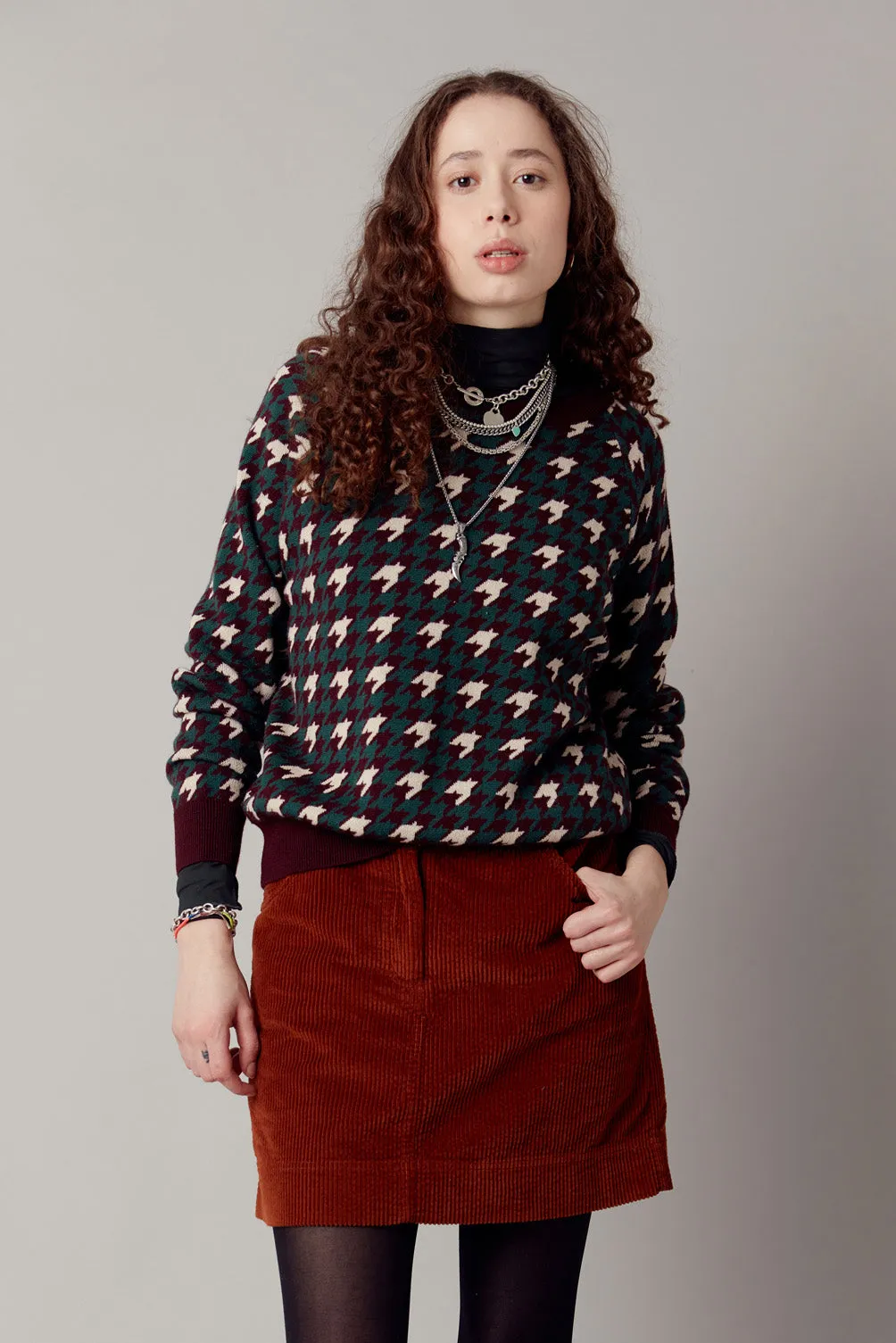 Houndstooth Merino Wool Jumper Walnut Brown