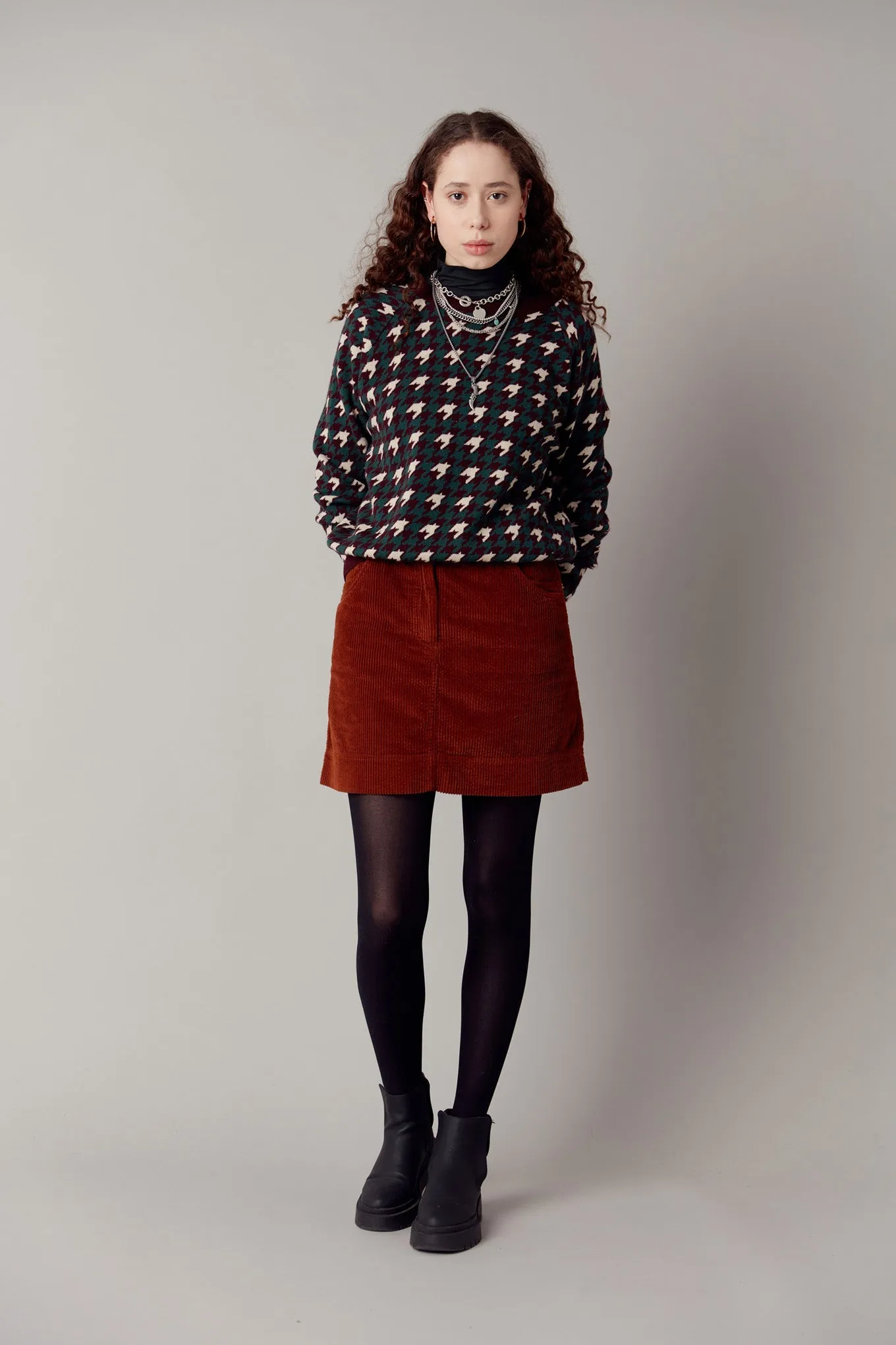 Houndstooth Merino Wool Jumper Walnut Brown