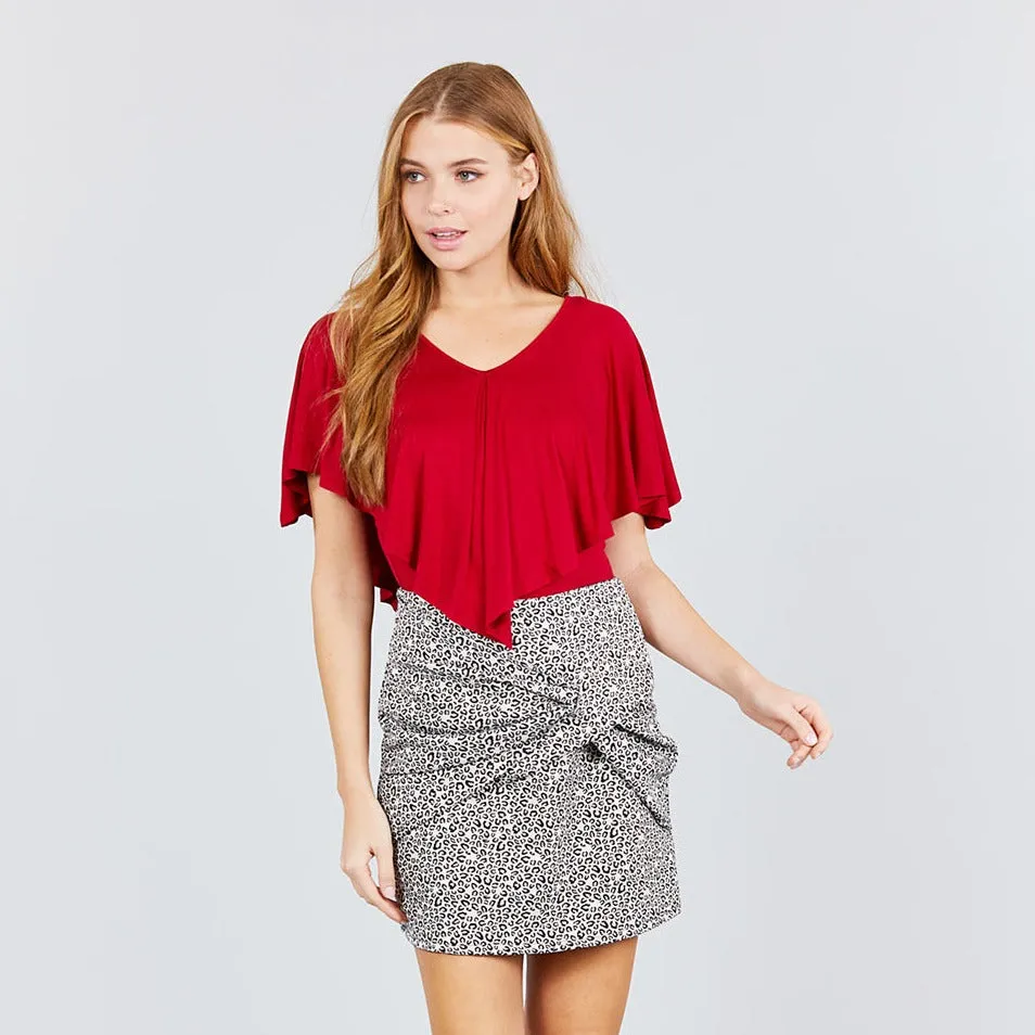 Juniors Red V-Neck Flounce Rayon Spandex Knit Top
