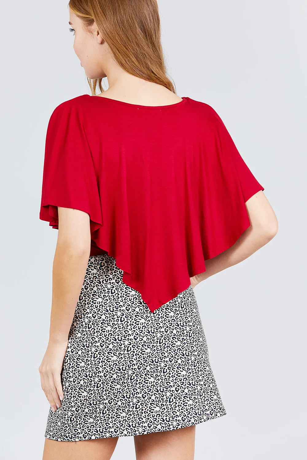 Juniors Red V-Neck Flounce Rayon Spandex Knit Top