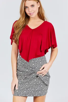 Juniors Red V-Neck Flounce Rayon Spandex Knit Top