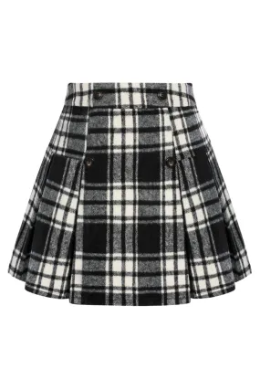 KK Women Pleated Skirt Elastic Waist Mid-Thigh Length Plaided A-Line Skirt