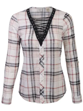 KOGMO Womens Roll Up Sleeve Lace Up Plaid Knit Top