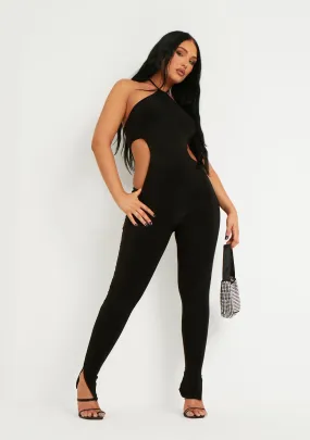 Laurie Black Halter Double Layer Slinky Cut Out Jumpsuit
