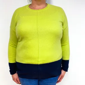 Lime Green Navy Trim Cashmere Crew Neck Jumper Extra Large