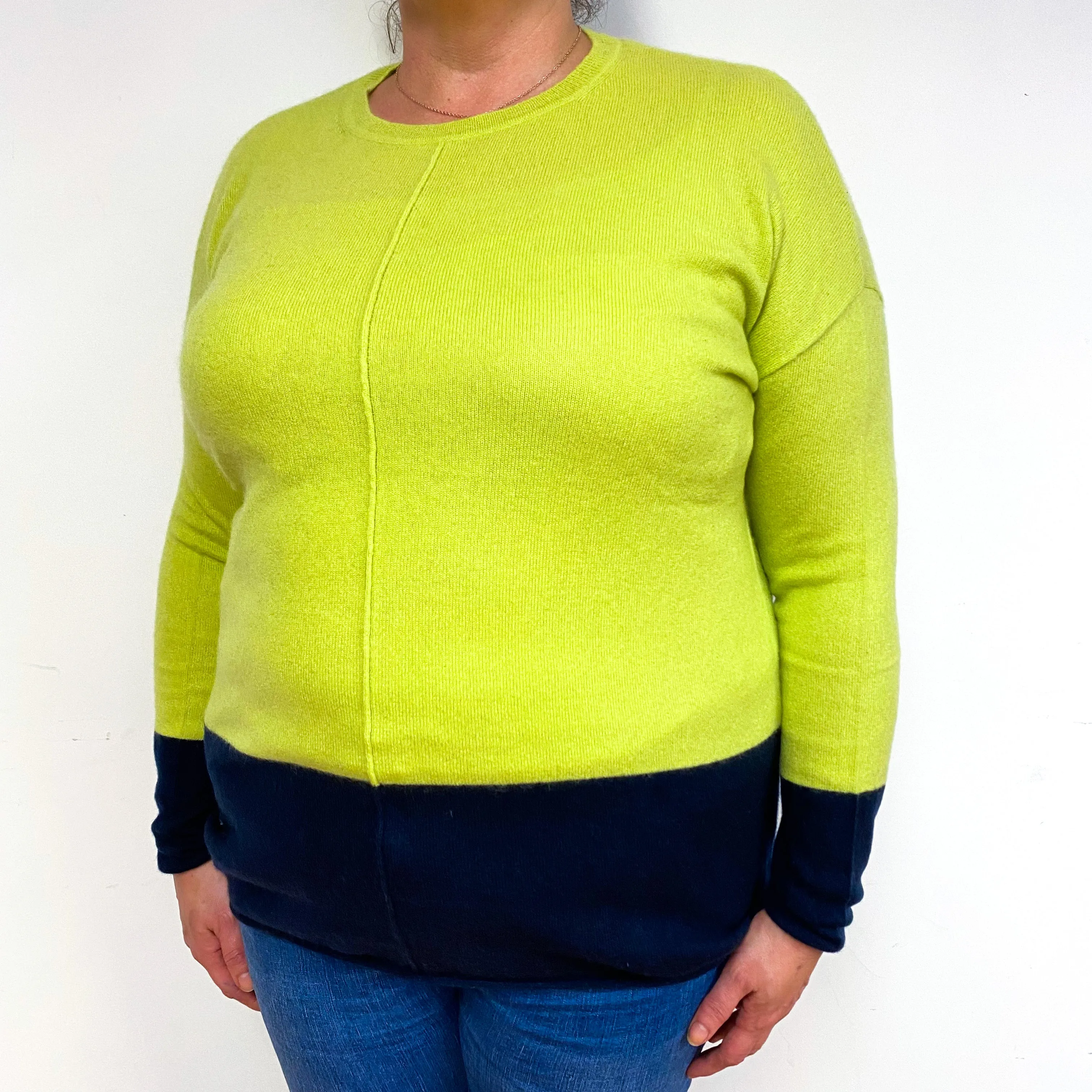 Lime Green Navy Trim Cashmere Crew Neck Jumper Extra Large