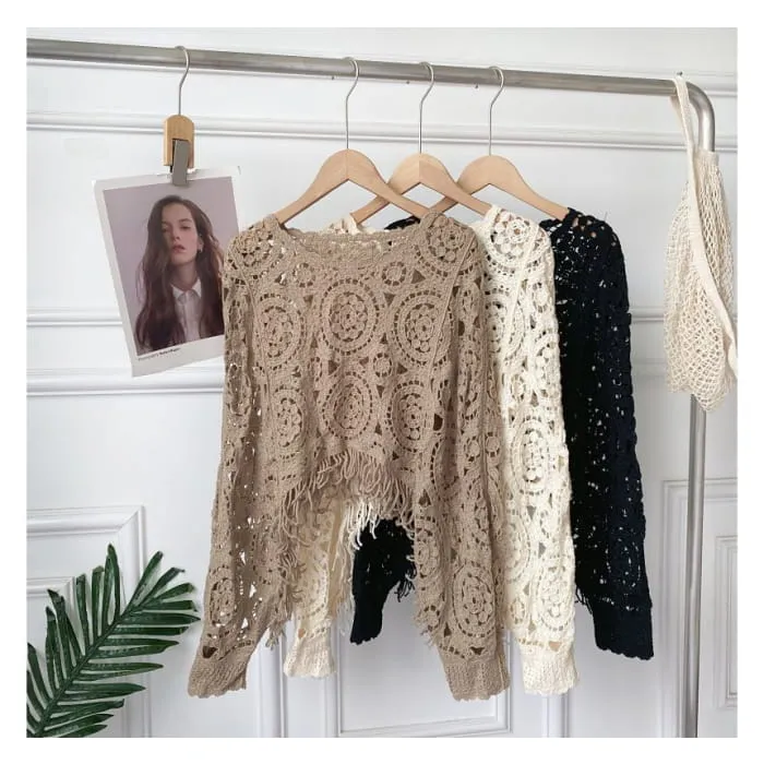 Long-sleeve Crew Neck Asymmetrical Tasseled Crop Pointelle Knit Top
