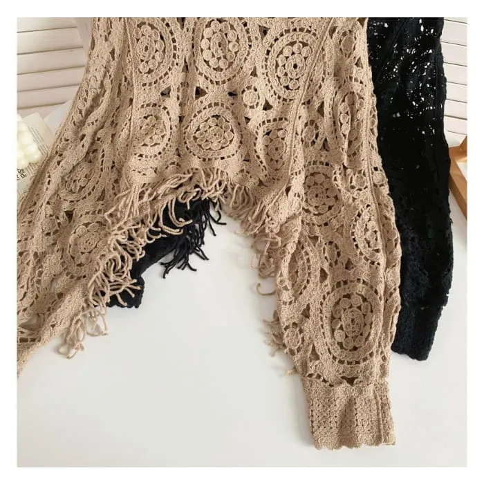 Long-sleeve Crew Neck Asymmetrical Tasseled Crop Pointelle Knit Top