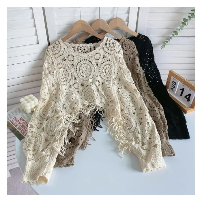 Long-sleeve Crew Neck Asymmetrical Tasseled Crop Pointelle Knit Top