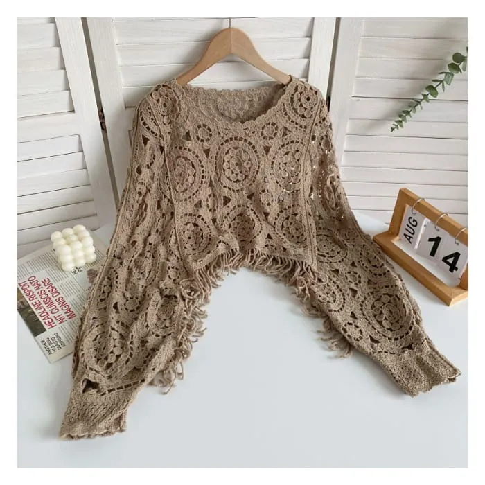 Long-sleeve Crew Neck Asymmetrical Tasseled Crop Pointelle Knit Top