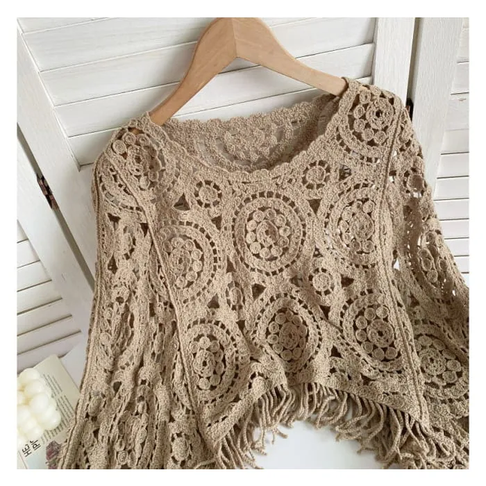 Long-sleeve Crew Neck Asymmetrical Tasseled Crop Pointelle Knit Top