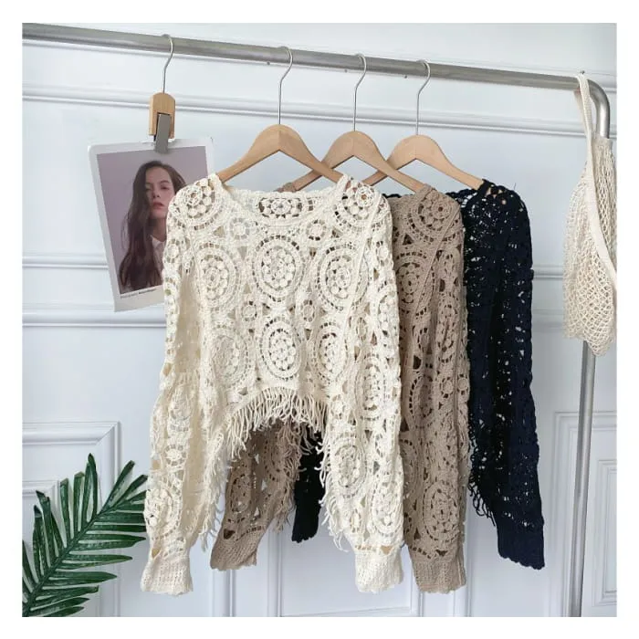 Long-sleeve Crew Neck Asymmetrical Tasseled Crop Pointelle Knit Top