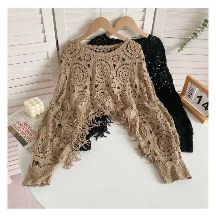 Long-sleeve Crew Neck Asymmetrical Tasseled Crop Pointelle Knit Top