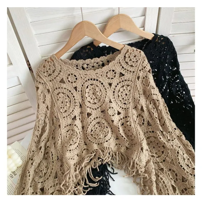 Long-sleeve Crew Neck Asymmetrical Tasseled Crop Pointelle Knit Top