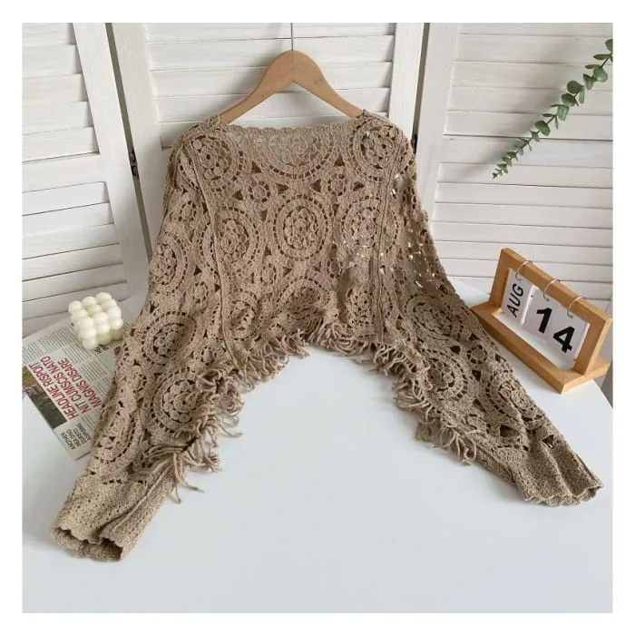 Long-sleeve Crew Neck Asymmetrical Tasseled Crop Pointelle Knit Top
