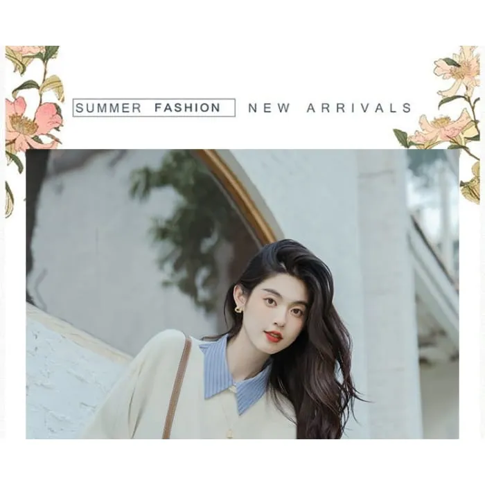 Long-Sleeve Plain Crop Top / Striped Shirt / High Waist Maxi A-Line Pleated Skirt / Set