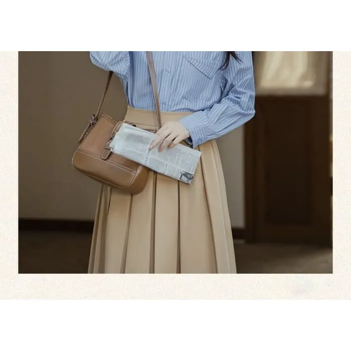 Long-Sleeve Plain Crop Top / Striped Shirt / High Waist Maxi A-Line Pleated Skirt / Set