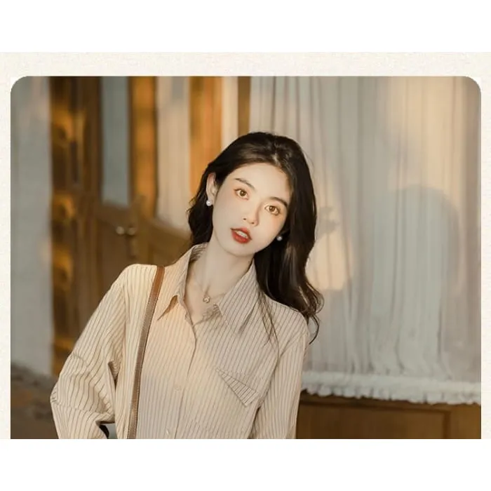 Long-Sleeve Plain Crop Top / Striped Shirt / High Waist Maxi A-Line Pleated Skirt / Set