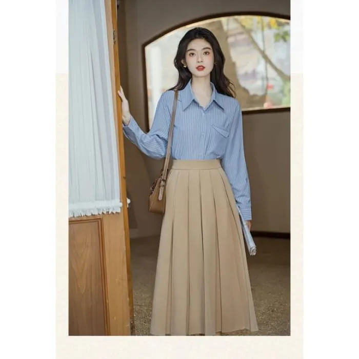 Long-Sleeve Plain Crop Top / Striped Shirt / High Waist Maxi A-Line Pleated Skirt / Set