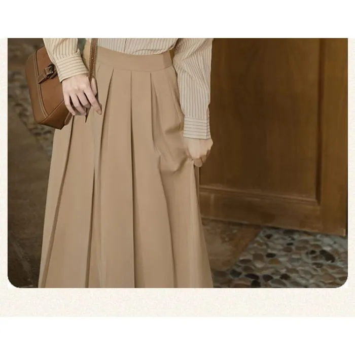 Long-Sleeve Plain Crop Top / Striped Shirt / High Waist Maxi A-Line Pleated Skirt / Set