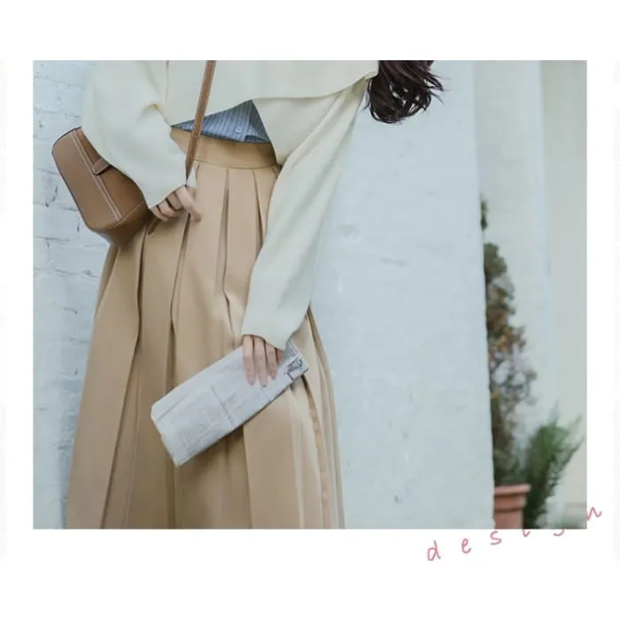 Long-Sleeve Plain Crop Top / Striped Shirt / High Waist Maxi A-Line Pleated Skirt / Set
