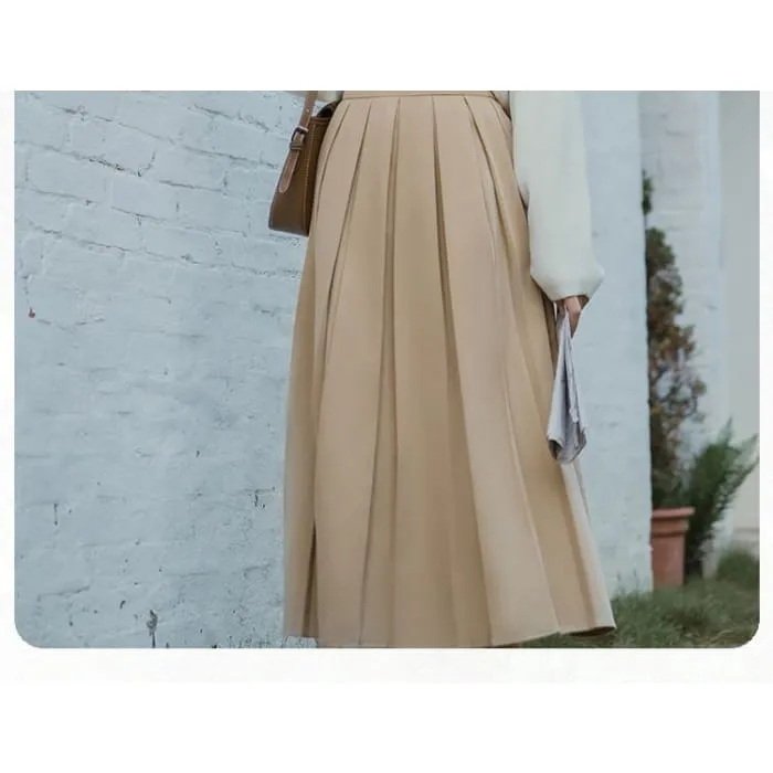 Long-Sleeve Plain Crop Top / Striped Shirt / High Waist Maxi A-Line Pleated Skirt / Set