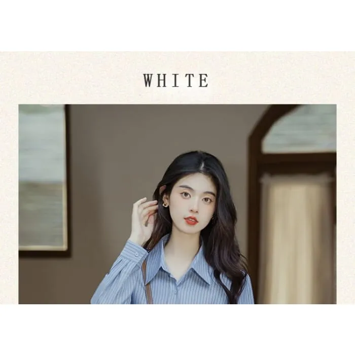 Long-Sleeve Plain Crop Top / Striped Shirt / High Waist Maxi A-Line Pleated Skirt / Set