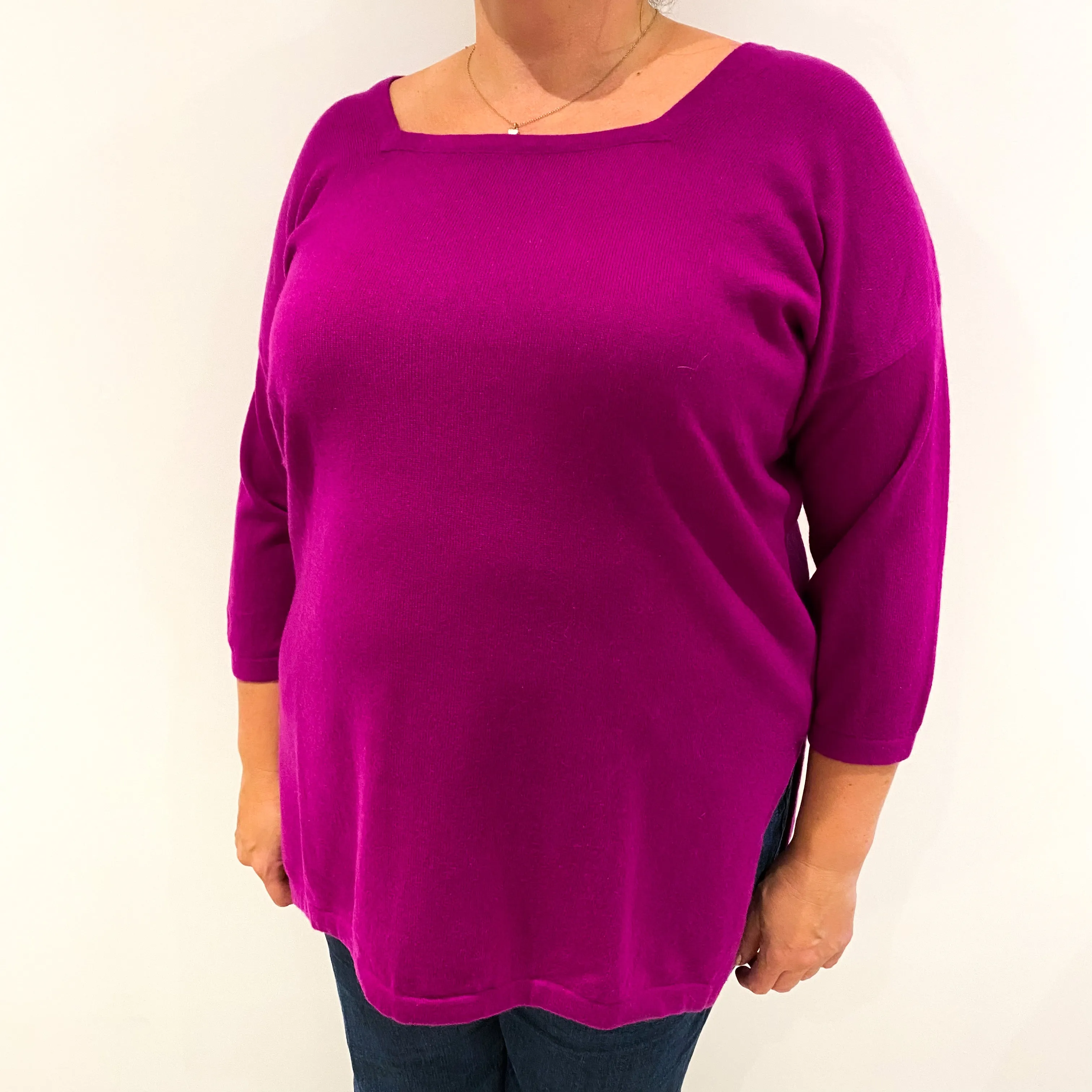 Magenta Pink Cashmere Sweetheart Neck Tunic Jumper Extra Large