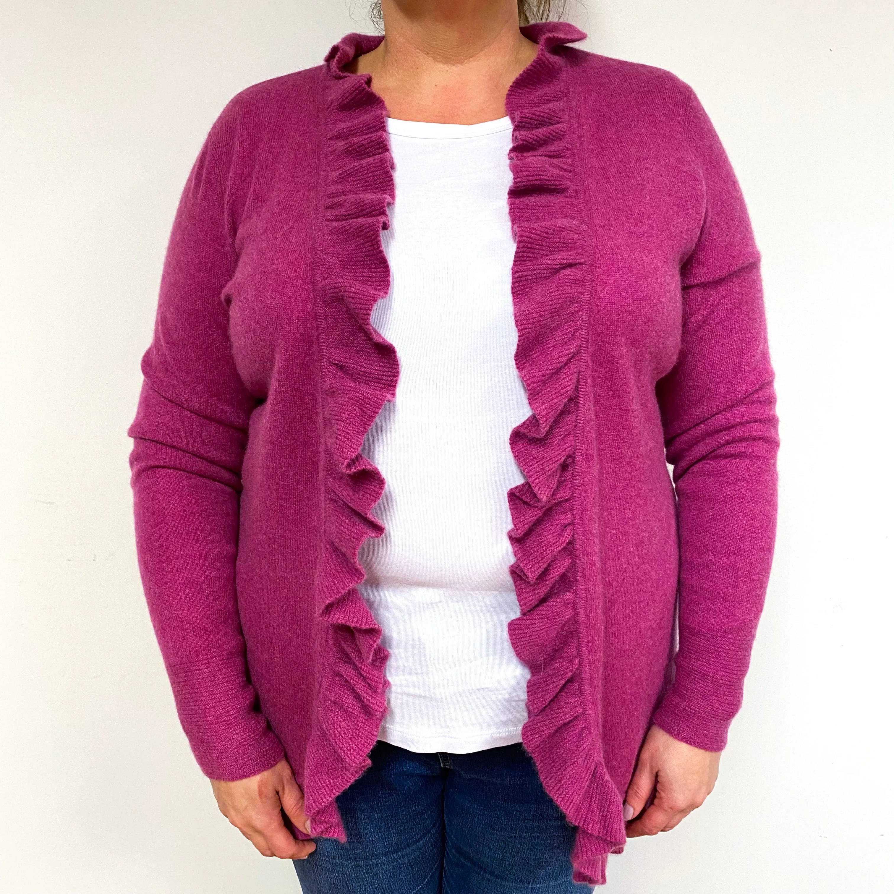 Magenta Pink Frill Cashmere Edge-Edge Cardigan Extra Large