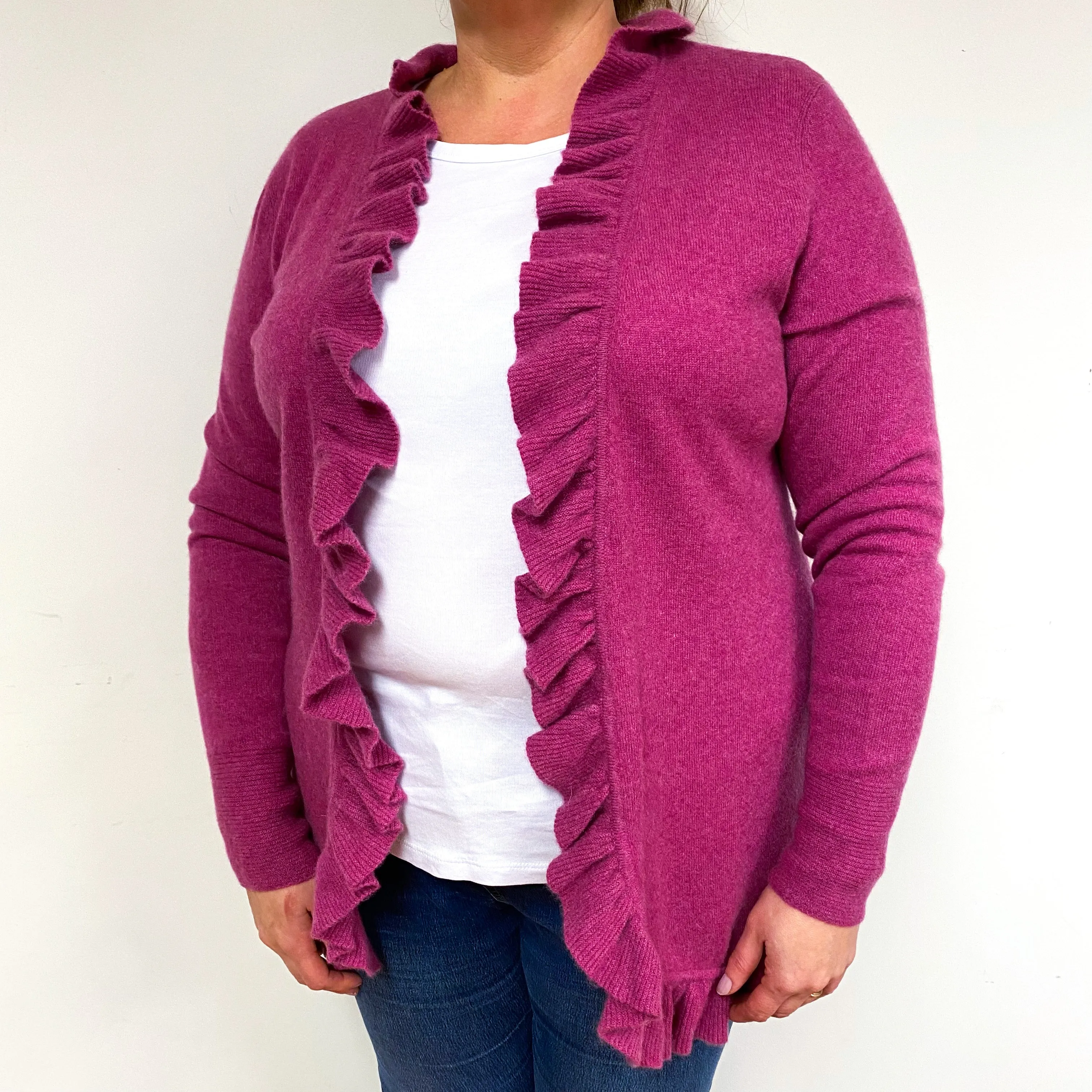 Magenta Pink Frill Cashmere Edge-Edge Cardigan Extra Large