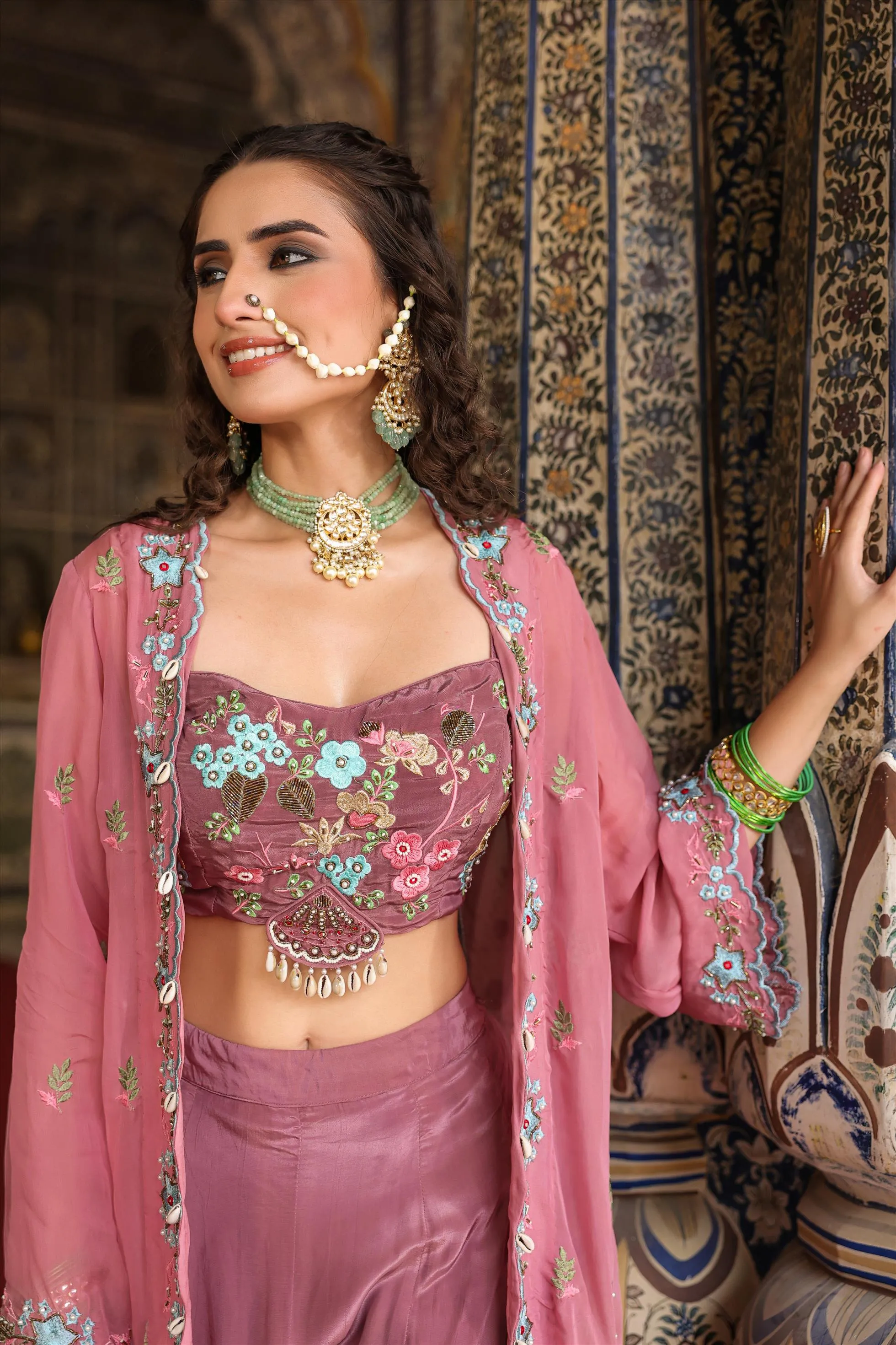 Mauve Crepe Silk Embroidered Palazzo Set With Cape