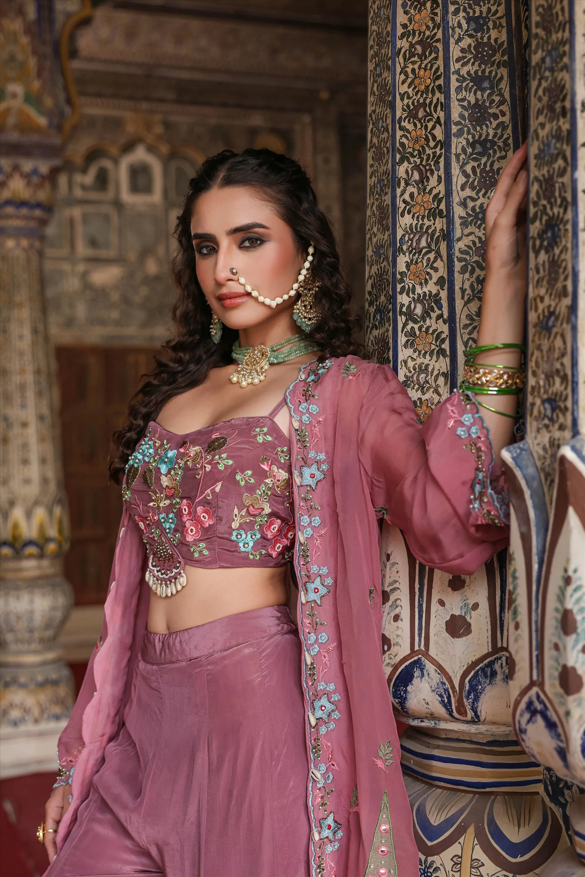 Mauve Crepe Silk Embroidered Palazzo Set With Cape