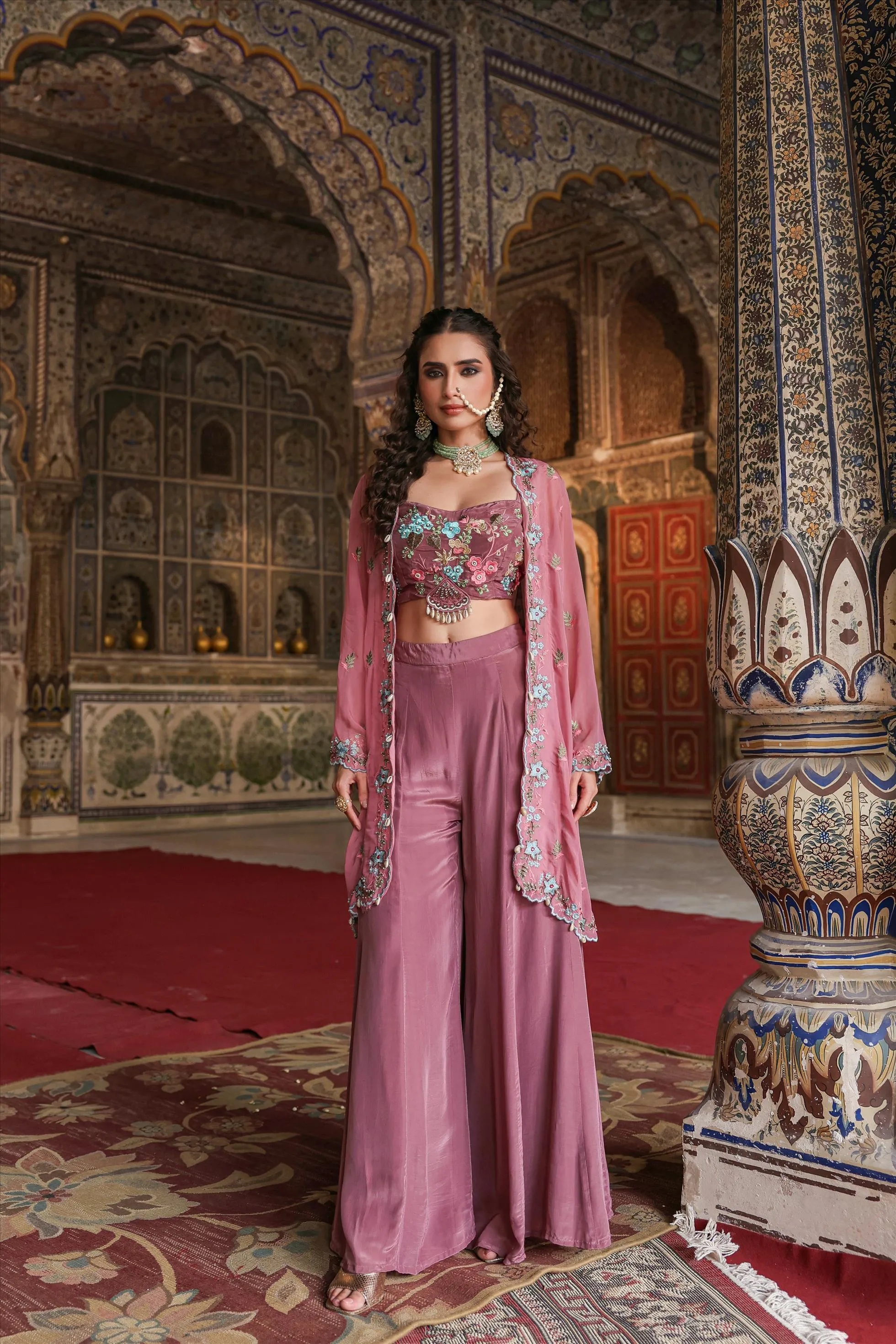 Mauve Crepe Silk Embroidered Palazzo Set With Cape