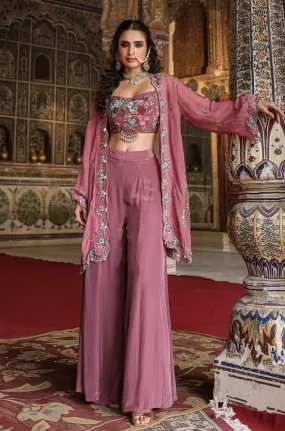 Mauve Crepe Silk Embroidered Palazzo Set With Cape