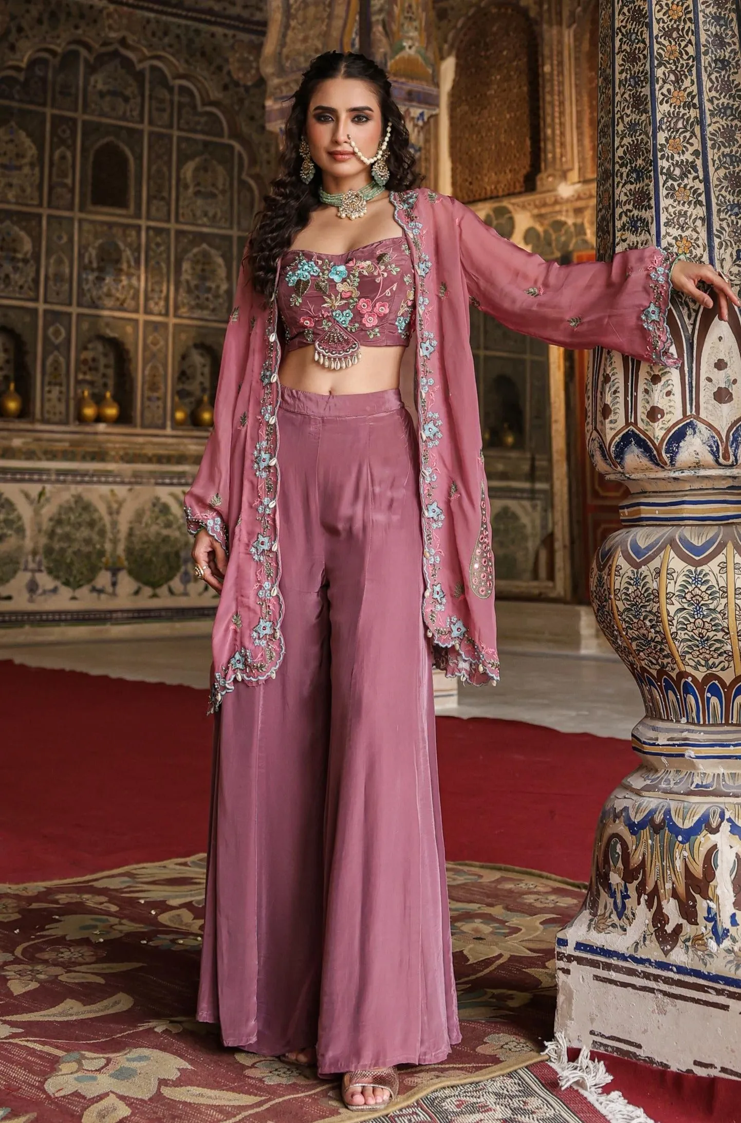 Mauve Crepe Silk Embroidered Palazzo Set With Cape